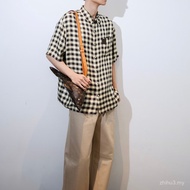 0SH7 LLL Summer Fashion Casual Lapel Shirt Short Sleeve Checked Leather Label logo Men Women