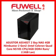 FUWELL- ASUSTOR AS5402T 2 Bay NAS 4GB Nimbustor 2 Gen2 (Intel Celeron Quad Core N5105 CPU/4GB DDR4 R