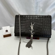 YSL 354119 咖啡鱷魚壓紋KATE銀鍊包