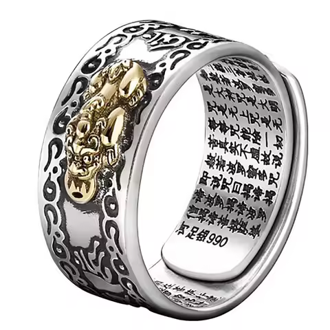Feng Shui Pixiu Mantra Ring Buddhist Good Luck Amulet Mantra Double Protection Wealth Love Health Ri