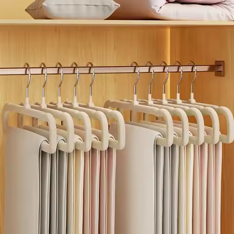 10pcs Pack Pants Hanger Flocking Plastic Space saving Anti slip Short Neck Beige Cloth Drying Cloth 