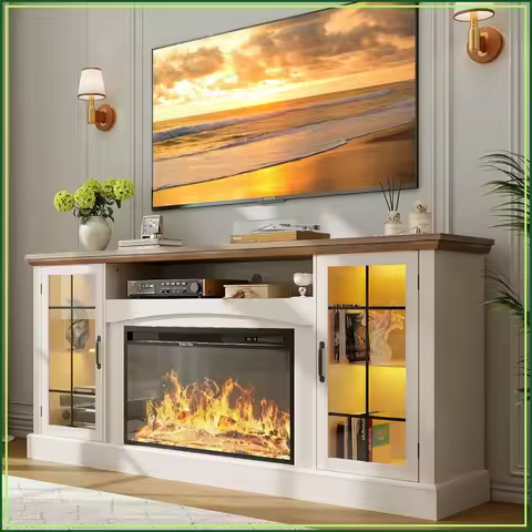 2-in-1 Fireplace TV Stand, 70" Farmhouse Entertainment Center with Storage, White