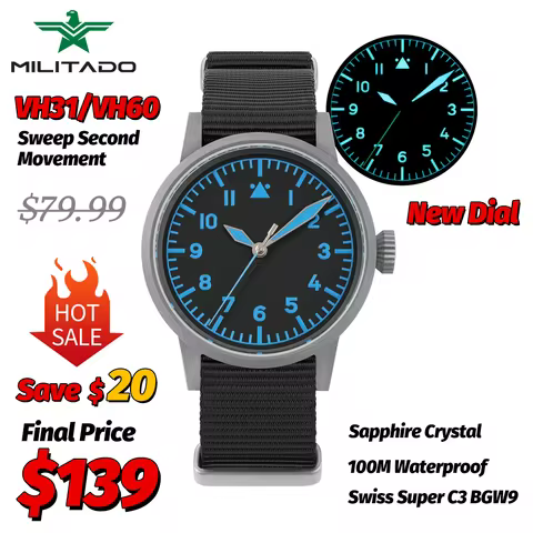 Militado ML10 V2 Quartz Watch VH31 Sweep Second Movement Sapphire Crystal BGW9 Luminous 10Bar Waterp