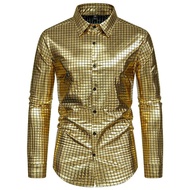 Shiny Gold Plaid Metallic Shirt for Men 2024 New 70s Disco Party Halloween Costume Shirt Stage Party Performance Chemise Homme