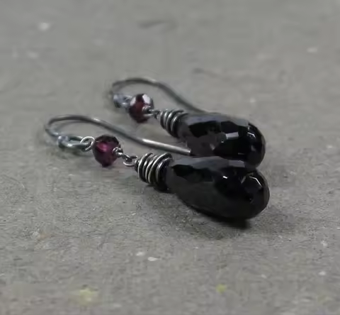 Black Spinel Earrings Pink Tourmaline Long Earrings