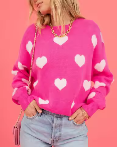 Women's Hot Pink Oversized Knit Sweater Heart Pattern Crew Neck Long Sleeve Casual Pullover Fuzzy He