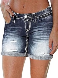 Women's Ripped Cuffed Hem Denim Shorts Low Waist Casual Shorts