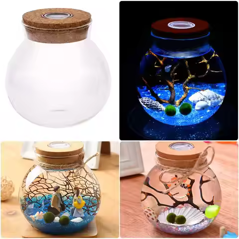 11/12cm Round Glass Jar Globe Terrarium Glass Jar with Colorful LED Light Cork Micro Landscape Ecolo