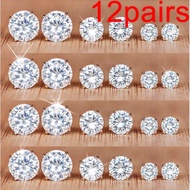 12 Pairs Silver Zircon Stud Earrings Set Various Kinds Size Round Diamond Ear Stud Set for Women