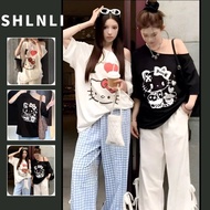 American Kitty Cat Print Short Sleeve T-shirt for Women - Loose Fit Off Shoulder Top - Spring Summer