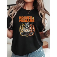 Women's Pink D&D Inspired T-Shirt - Houses & Humans Slogan with Fire Dragon Dice & d20 Icon, Tableto