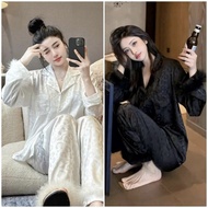 Women's Home Wear - Sexy Pajamas with Long Sleeves and Chunky Pants with Feather Trim Silk Brocade G