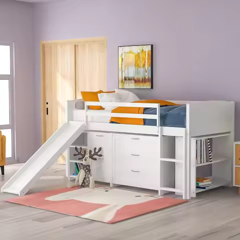 Loft Bed with 5 Drawers,5 Shelves, Slide and Ladder, Twin Size Loft Bed for Family, Teens, No Box Sp