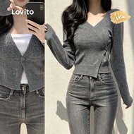 (New Arrival) Lovito Casual Cardigans Button Asymmetrical 2 Ways to Wear Autumn/winter Grey Cardigan