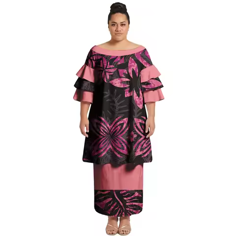 Trendy Design Polynesian Party Prom Triple Layer Petal Sleeve Women Puletasi Dress Hawaii Ladies Hib