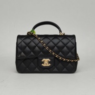 CHANEL CF口蓋包手柄大Mini20黑色羊皮晶片開金扣肩背包