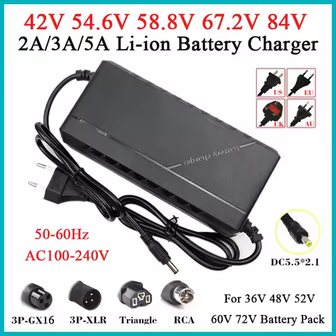 New 42V 54.6V 58.8V 67.2V 84V 2A 3A 5A Lithium Battery Charger For10S 13S 14S 16S 20S 36V 48V 52V 60
