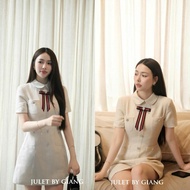 [V1.945] Elegant 2-Layer Tex Evening Dress with A-Line Stone Buttons and Thome Bow (short form)