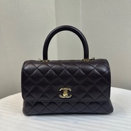 香奈兒/Chanel Coco Handle 小號深紫棕色荔枝皮牛皮手提斜背包24x10x14cm