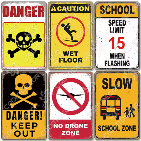 Warning Danger Tin Sign Metal Plaque Caution Hight Voltage Keep Out Slow Down Vintage Poster School