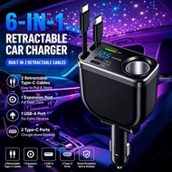 240W Car Charger With 70CM Retractable Dual Type C Cable Fast Charging 6-in-1 Car Phone Charger for 