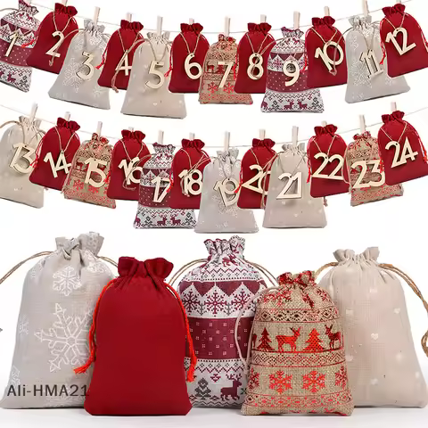【H】Christmas Advent Calendar Bags 24 Days Countdown Calendar Burlap Bags Drawstring Gift Bags For Ad