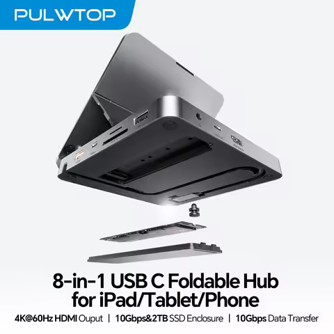 PULWTOP USB C Hub for iPad Pro, 4K@60Hz HDMI, 100W PD Aluminum Hub with SSD Enclosure, Stand Dock fo