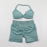 Original 2 Pieces Gym Set Women Workout Clothes Scrunch Shorts Set Halter Sports Bra Fitness Top Wom