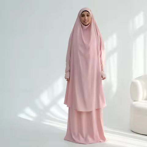 Eid Women Long Khimar 2 Piece Set Prayer Garment Djellaba Nida Abaya Muslim Ramadan Gown Dubai Arab