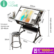 IGOHOME Drawing table Drafting glass table with extra side table drawers