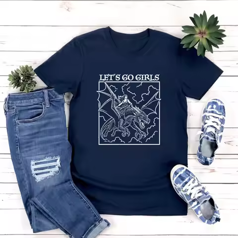 Retro Dragon Rider Shirts Fantasy Feminist Let's Go Girls T-Shirt Women Graphic T Shirts Short Sleev