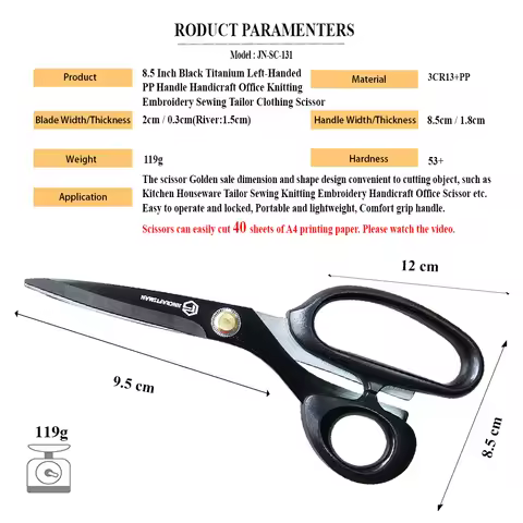 Jincraftsman®–8.5 Inch Black Titanium Left-Handed Ergonomically Handicrafts Cloth Fabric Sewing Stat