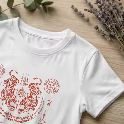Men's Sak Yant Twin Tigers Paed Tidt Thailand T Shirt 8 Directions Cotton merchandise Short Sleeve R