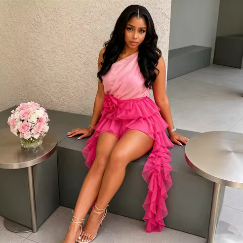 Pink Ombre Tulle Mini Dress One Shoulder Off Shoulder Ruffled High Low Dress With 3D Rose Floral Dec