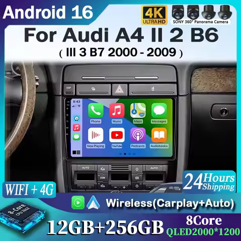 For Audi A4 II 2 B6 III 3 B7 2000 - 2009 2K 12+256 QLED Android 16 CarPlay Car Radio Multimedia Vide