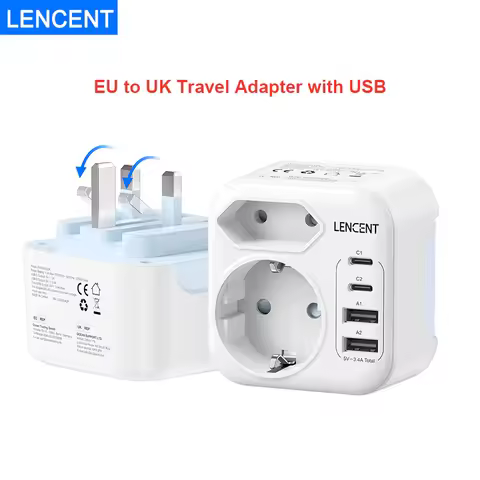 LENCENT EU to UK Foldable Travel Adapter with 2AC+2USB-A+2 Type C Socket Adapter England Travel Plug