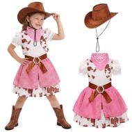 Kids Pink Cowgirl Costume Western Cowboy Dress Halloween Party Outfit Short Sleeve Cosplay