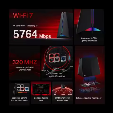 Tri-Band BE11000 Wi-Fi 7 Gaming Router 6-Stream 11Gbps 320MHz 2x5G 3x2.5G Ports USB 3.0 Game Acceler