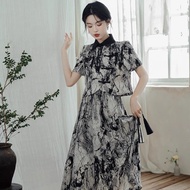 New Chinese Style Dress Women Retro Women's Clothing Ink Smudge Improved Cheongsam Top Skirt Two-Pie