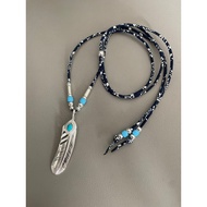 Kikuchi Kenshi Silver Rope Turquoise Feather XL Size Ancient Cloth Rope Necklace (Medieval) (kenkiku