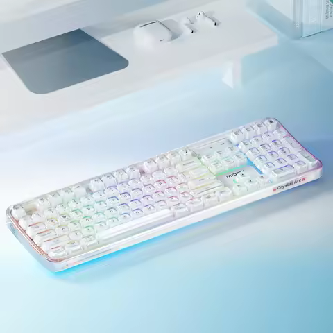 MOFii CrystalArc Tri-Mode Rechargeable Keyboard, White Transparent Full-Size Membrane Keyboard, Non 