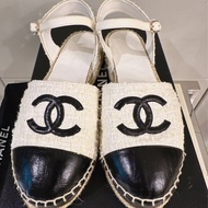 Chanel 香奈兒黑白色草編鞋slingback/ 漁夫鞋 /涼鞋尺寸EU38