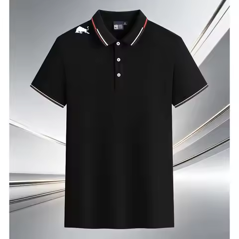 Men Black Polo Shirts Red White Striped Collar Cuff With Shoulder Bull Print Breathable Golf Tops