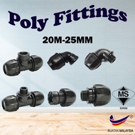 HDPE Poly Fitting Poly Pipe Connector Smart Coupler Thread Adaptor Elbow Tee 20mm 25mm 1/2" 3/4" 1 Penyambung Pipe Hitam