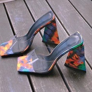 KT1's new catwalk color matching triangle high-heeled thick-heeled sandals women's Heels