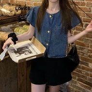 Lovito Casual Plain Button Denim Top for Women