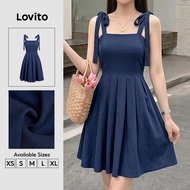 (New Arrival) Lovito Casual Zipper Pleated Lace Up Short Spring Summer Weekend Dark blue Dress for W