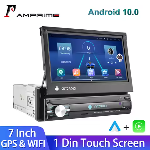 AMPrime Android 1 din Car Radio 7'' HD Retractable Touch Screen Multimedia Video Player Audio Stereo