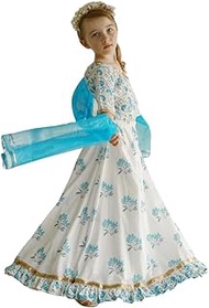 Kids Baju Raya for Eid, Racial Harmony, Deepavali Ethnic Wear Costume 'Fiza' Floral Girls Lehenga Skirt Blouse in White &amp; Blue