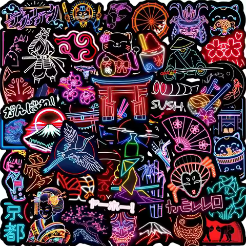 50/100 Pcs Neon Japanese Culture Element Theme Stickers, Creative for Notebook Suitcase Skate Cup Fi